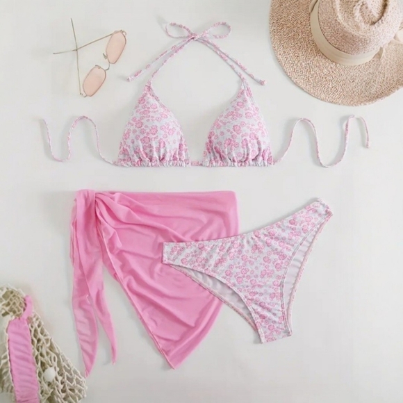 None Other - 3 Pc Bikini Bathing Suit Set Pink/Gray Floral Size Small NWT